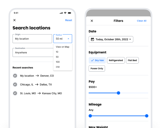 Mobile app brokerage lane search and filter loads